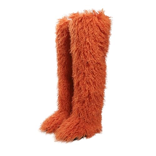Image of Black Thigh High Fur Boots, Over the Knee Fluffy High Boots, Tall Furry shoes for Women