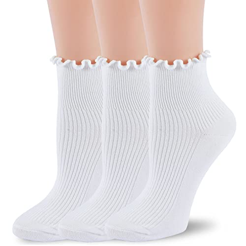 Image of Women Ruffle Crew Socks Lightweight Thin Stripe Turn-Cuff Cute Girls Cotton Socks 3 Pairs