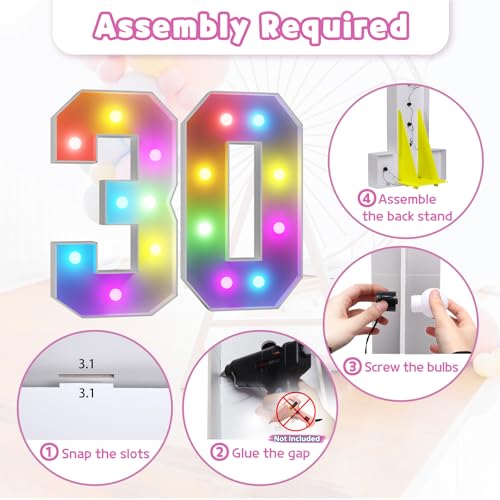 Image of Imprsv Colorful 3FT Marquee Numbers Light up Numbers 30 Birthday Decoration | RGB with Remote, Party Decorations Anniversary Wedding Decorations Assembly Required Foam Board 41 Pcs Accessory Set