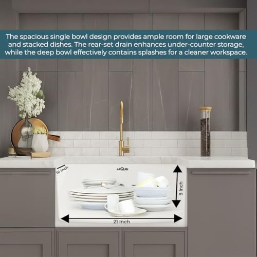 Image of ARQUIN Quartz Kitchen Sink 21x18x9 Inch White | Single Bowl Sink | Durable & Scratch-Resistant | Undermount /Topmount Including Coupling, Waste Pipe & Fruit Washing Basket