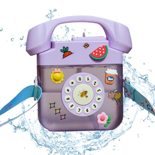 Peosaard Cute Water Bottle Cartoon Telephone Shape 400ml PC Kids Water Bottle with Strap and Straw Sealed Leakproof Travel Water Bottle, Purple, Cute Water Bottle