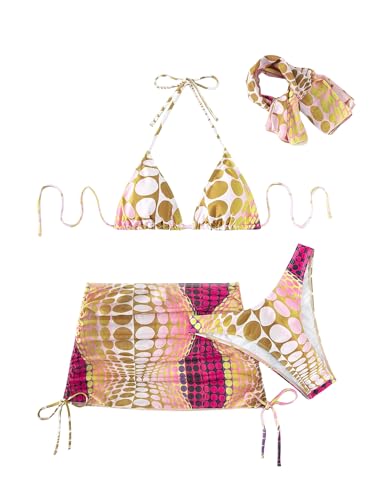 Image of RoseSeek Women's 4 Piece Polka Dots Bathing Suits Cover Up Skirt & Bandana | Halter Bikini Sets, Sexy Bathing Suit, Beach Skirt, Leopard, Paisley, Tropical, Summer