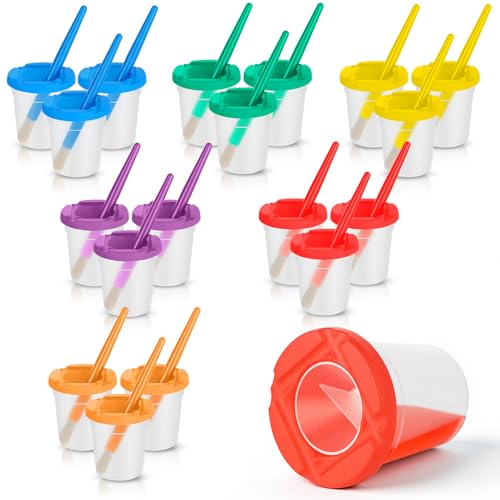 36 Pcs No Spill Paint Cups with Lids & Brushes 6 Colors (3 Sets Each) & 2 oz Spill-Proof Containers Mess-Free Kids Painting Set for Art School Classroom Crafts