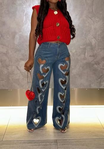 Tcremisa Womens Sexy Heart Hollow Out Ripped Jeans Stretch High Waist Straight Wide Leg Cut Out Baggy Denim Pants4