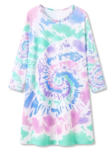 Tebbis Girls Nightgown – Soft Long Sleeves Sleepwear Trendy Tie Dye Spiral Nightdress Pajama Teen/Little Size 6-16