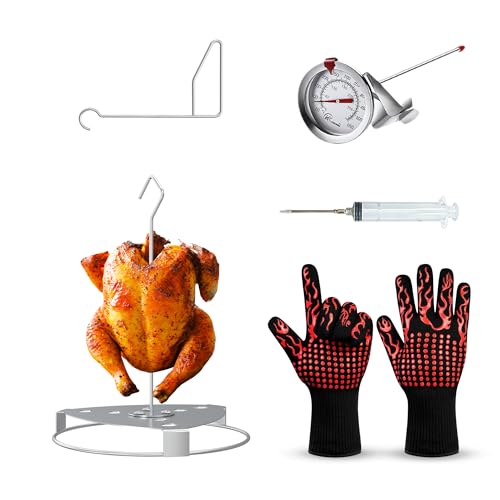 Fire Riot Deluxe Stainless Steel Turkey Fryer Accessories Kit – Turkey Deep Fryer Stand with Lifting Hook, Thermometer, Injector, & Heat-Resistant BBQ Gloves for Outdoor Cooking