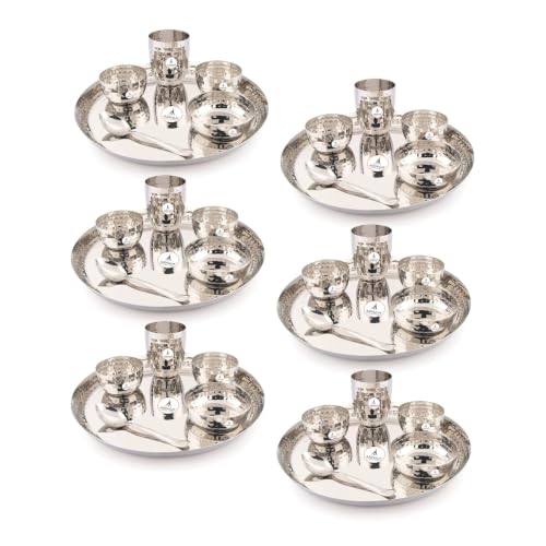 Image of Arham Stainless Steel Dinner Set | 36 Pcs (6 Set) | Premium Heavy Weight Hammered Dinner Set for Gift | 36Pcs Regular Size (6 Plate, 6 Halwa Plate,12 Bowl /Wati, 6 Glass, 6 Spoon) | Premium DinnerWare