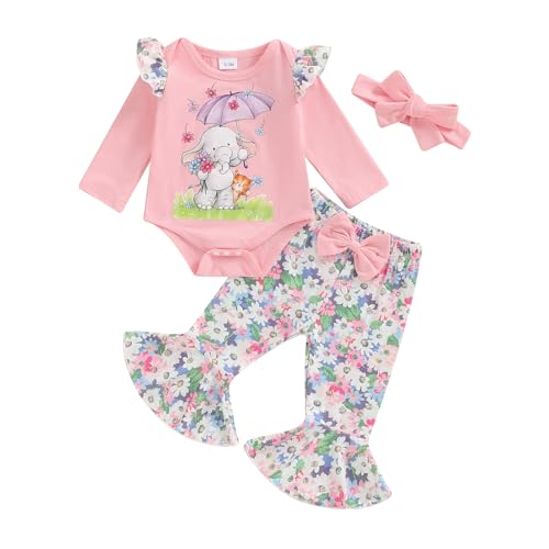 Image of Newborn Baby Girls Fall Clothes Elephant Print Long Sleeve Romper Floral Pants Headband Set 3Pcs Outfit