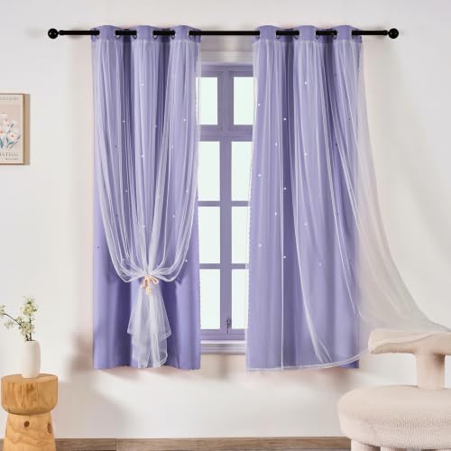 Image of indistar Star Cutout Kids Window Blackout Curtains for Girl Bedroom Window Room Darkening Curtains & Drapes Baby Nursery Curtains (2 Panel,35Wx63L inch,Lavender)