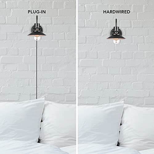 Image of Globe Electric Wren 1-Light Plug-in or Hardwire Wall Sconce, Matte Black, 6ft Black Braided Fabric Designer Cord, in-Line On /Off Rocker Switch, Bulb Not Included