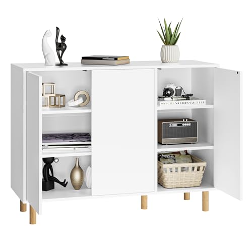 FirFurd Buffet Meuble de Rangement avec 3 Portes Commode Meuble Cuisine Buffet Salon Chambre 6 Étagères Réglable Pieds Bois Blanc 107x40x80cm P721