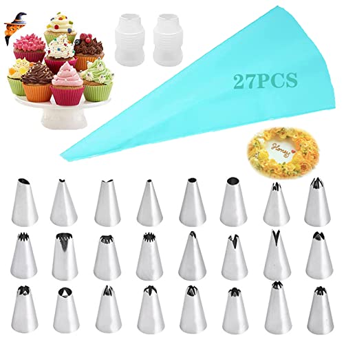 27 Pcs Bolsas De Silicona Reutilizables Y Boquillas De Acero Inoxidable Para Decoración De Pasteles Kit De Boquillas Reposteria De Acero Inoxidable Juego De Boquillas De Manga Pastelera Para Cupcakes Cover
