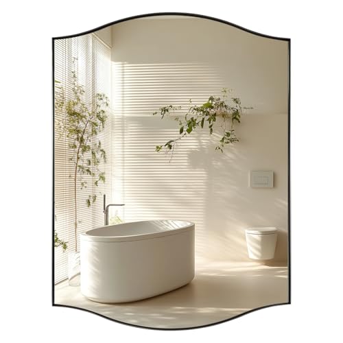Image of ANDY STAR Scalloped Bathroom Mirror,24 inchx32 inch Brushed Nickel Rectangle Wall Mirror with Curved Edge Stainless Steel Metal Frame, Silver Vanity Wall-Mounted Mirror for Bathroom, Entryway