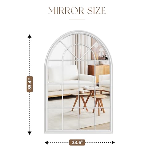 Image of Window Mirrors for Wall Decor - Large Farmhouse Arched Window Pane Mirror Decor Living Room,Ideal Wall Mounted Mirror for Entryway, Fireplace, Dining Room,Bedroom,36 inchX24 inch White Metal Framed