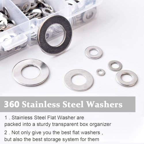 Image of Serplex 360Pcs 304 Stainless Steel Flat Washers for Screws Bolts, Fender Washers Assortment Set, Assorted Hardware Lock Metal Washers Kit 9 Sizes-M2 M2.5 M3 M4 M5 M6 M8 M10 for Home, Factories Repair