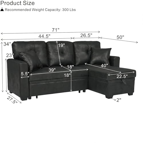 Image of KEIKI 71 inch Sectional Sleeper Sofa with Pull Out Bed, L Shaped Sleeper Sofa with Reversible Chaise, 3 Seater Modular Sectional Sofa with Storage for Living Room, Classic Black