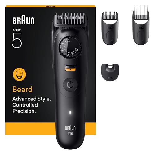 Braun Barttrimmer Series 5, Elektrischer Bartschneider Herren mit 4 Zubehörteile, Ultrascharfe ProBlade Klinge, 120 Min Akkulaufzeit, Kabelloser Bartrasierer, 40 Längen, Wasserdicht, BT5520, Schwarz