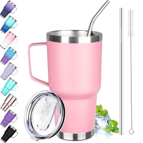 Image of 30 oz Tumbler with Handle, Stainless Steel Insulated Tumbler with Lid and Straw, Double Wall Vacuum Insulated Coffee Mug Tumbler, Insulated Coffee Thermal Cup for Cold and Hot (Pink)