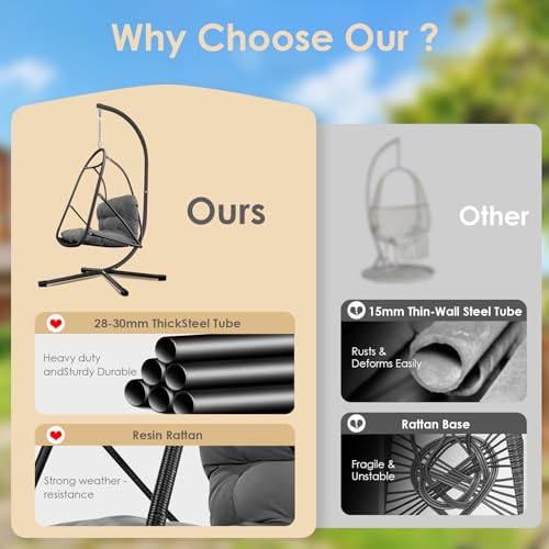 Image of JESE Swing Egg Chair Foldable Frame Hanging Chairs, UV Resistant Waterproof Cushion and Cup Holder,Swing Hammock Chairs for Patio,Bedroom,Balcony, Garden-350lbs, Stand Included, Brown