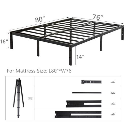 Image of Wulanos King Size Bed Frame with Steel Slats Support, Sturdy and Durable, No Box Spring Needed, 16 Inch High 3500lbs Heavy Duty Metal Platform Frames with Storage, Noise-Free, Black