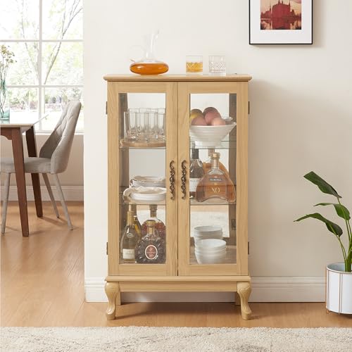 Image of 43 inch H Lighted Curio Cabinet Display Case, Glass Curio Cabinet with Adjustable Shelves & Tempered Glass Door, Wooden Cabinets with Mirrored Back Pane for Living Room (Light Oak)
