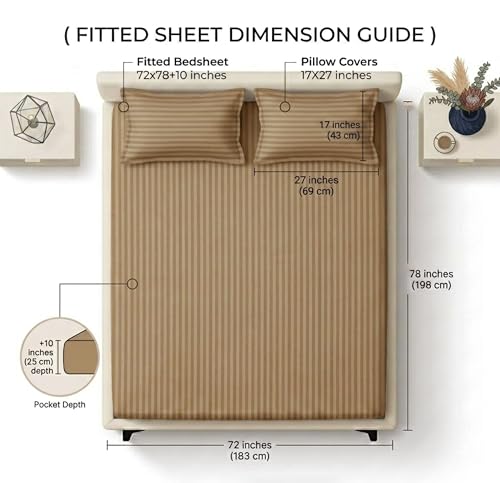 Image of BSB HOME 210 TC Cotton Fitted Bedsheet with 2 Pillow Covers, Soft Breathable Fabric, Elastic All Around, Wrinkle Resistant, King Size Bed Sheet Set - 72 x 78 + 10 Inches (Taupe)