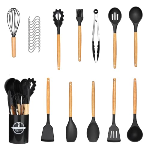 Elalove Set de 24 pièces ustensiles de cuisine en silicone souple - Lot complet avec 12 crochets en S et pot de rangement - Accessoires adaptés aux revêtements antiadhésifs - Nettoyage facile - Noir