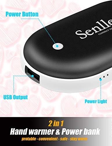 Senlleo Rechargeable Hand Warmer, 5200mAh PowerBank : Larger Capacity and Double-Sided Pocket Warmer Compatible with iPad iPhone Samsung All Android Smartphone, Winter Gift for Men Women(Black)