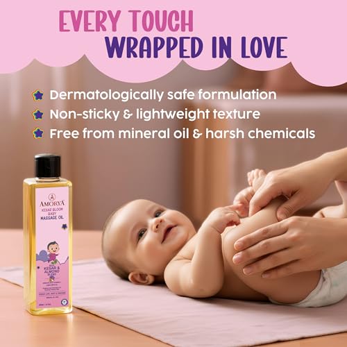 Image of Kesar Bloom Baby Massage Oil | Kesar & Almond Blend | With Vitamin E & Sunflower Oil | Nourishes & Enhances Natural Glow | Mineral Oil Free | 200ml (6.76oz) | IFRA Certified