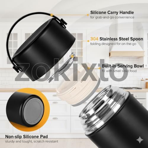 Image of Insulated Lunch Box 500ml Stainless Steel | Thermal Food Flask & Food Jar with Folding Spoon | Leakproof Tiffin Box for Office, School, Travel | Hot & Cold Food Container (Black)