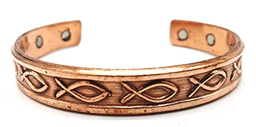 Pulsera magnética de cobre hecha a mano, diseño de pez cristiano con bolsa de joyería Cover