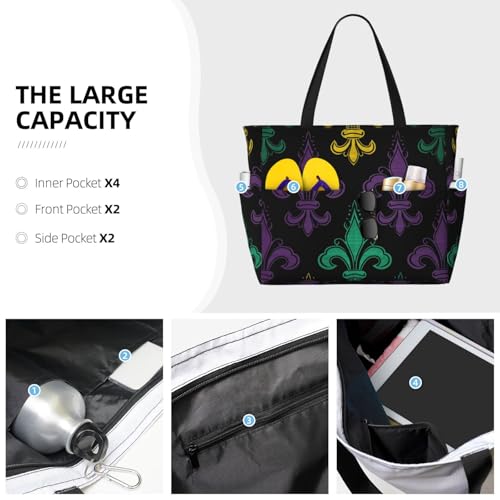 Beach Bags For Women Large Waterproof Sandproof Beach Tote Bag Lightweight Zipper Carry On Bag 3d Fleur De Lis Mardi Gras Pool Bag For Gym Travel Vocation3