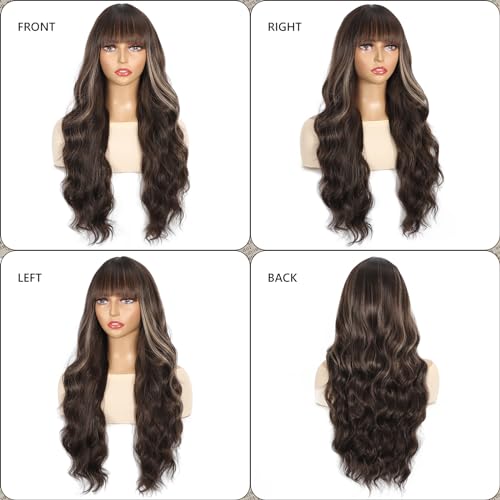 AKTSNYMPH Mixed Brown Wig with Bangs,Long Curly Wigs for Women,Real Natural Looking Synthetic Fiber Wavy Hair Wig for Daily Holiday Party Cosplay Use 26IN