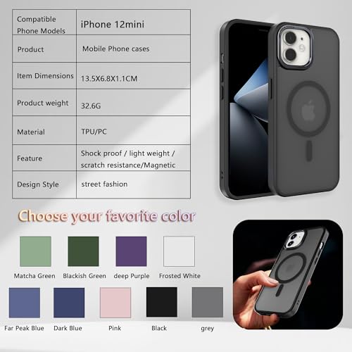Image of Magnetic iPhone 12mini case,Compatible with Magsafe, Military-Grade Protection,Slim Translucent Matte Shockproof with Anti-Scratch Anti-Fingerprint Phone Cover (Black, iPhone 12mini)