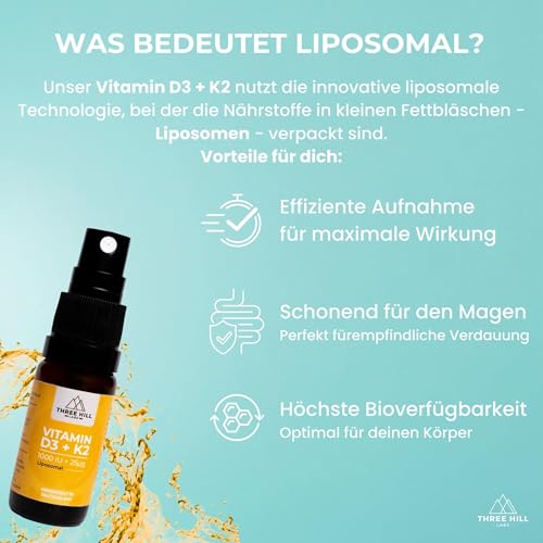 Premium Vitamin D3+K2 Spray - 1000 I.E. - liposomal für maximale Nährstoffaufnahme - vegan und hochdosiert - alkoholfrei - Three Hill Labs