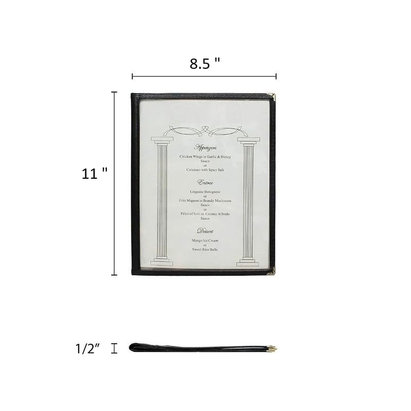 Menu Covers, Black Leatherette, 8.5 x 11 Inch, 4 Page 8 View, Transparent Restaurant Holder with Decorative Corners, 50 Pack