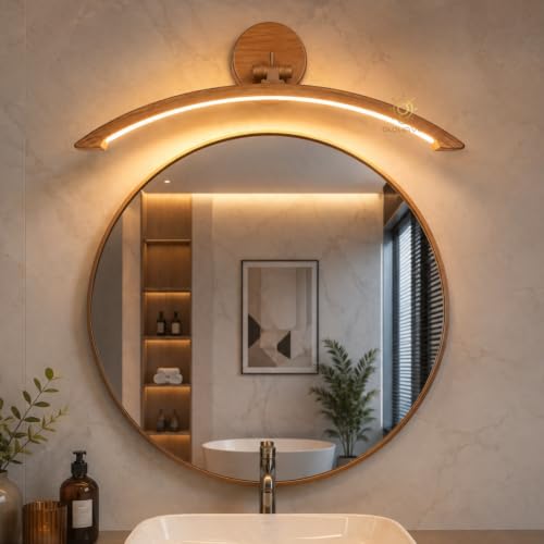Image of Glowave Modern Curved Wooden Finish LED Mirror Light for Bedroom & Bathroom - Tricolour (Warm White, White, Natural White) (876-WD)