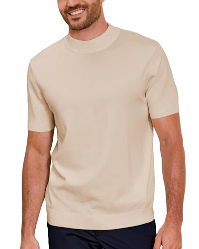 Kallspin Men's Short Sleeve Mock Neck Sweater Lightweight Soft Knit Pullover Casual Slim Fit Summer Top (Beige M)