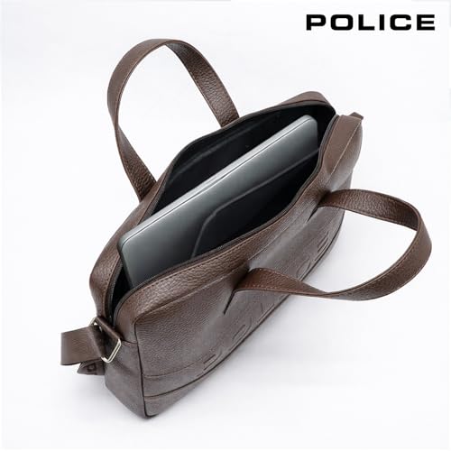 Image of Police 14 Inch Laptop Briefcase for Men | Premium Textured Leather Office Bag with Padded Laptop Compartment | Branded Adjustable Shoulder Strap | Professional Business Messenger Bag | Brown