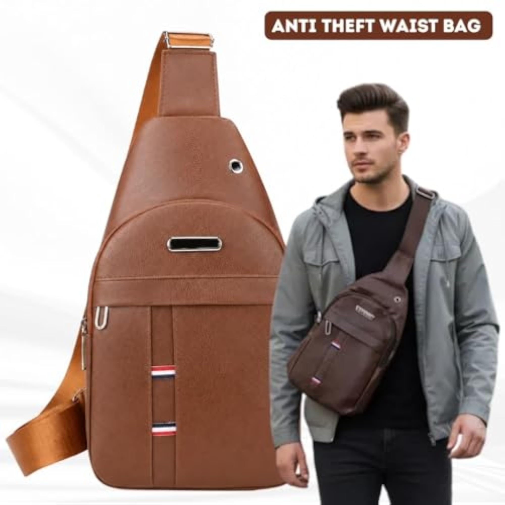 Waterproof Anti-Theft Sling Bag, Brown PU Leather