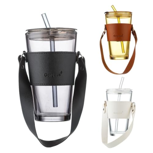 Image of Glass Tumbler with Lid & Straw - 450ml, Set of 1, Iced Coffee Cup, Clear Drinking Glass with Silicone Grip Sleeve, Leak-Resistant Lid, Travel Tumbler for Coffee, Tea, Office Use