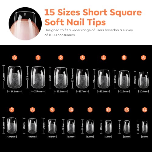 Image of modelones Square Nail Tips, 240pcs Short Square Soft Gel Nail Tips for Full Cover Acrylic Extensions, Pre-Shaped 15 Sizes Press on Nails DIY Home or Professional Salon Use