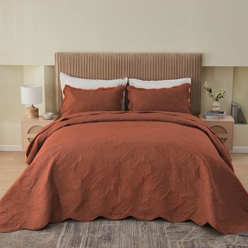 Image of Kingnex Oversized King Bedspreads 128x120 for Tall King or Cal King Bed Ultrasonic Quilted Coverlet Set 3 Piece Include 1 Extra Wide Quilt 2 Pillowcases Baked Clay