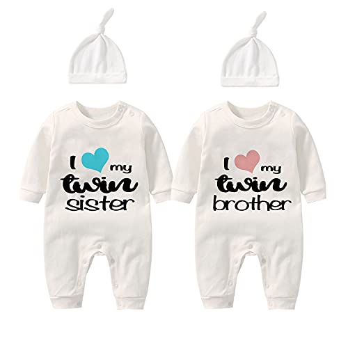 culbutomind Bodies pour Bébés Jumeaux Sœur Frère Tenue Amusante pour Bébé Mignonne Grenouillère pour Bébé Fille avec Ensemble Chapeau (blanc5 3m)