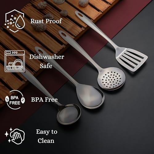 Image of Montavo by FnS 4 Pieces Stainless Steel Serving Tools Set | Soup Ladle, Skimmer Turner, Slotted Turner & Veg Serving Spoon | Food Grade Kitchen Utensil Set for Home & Dining