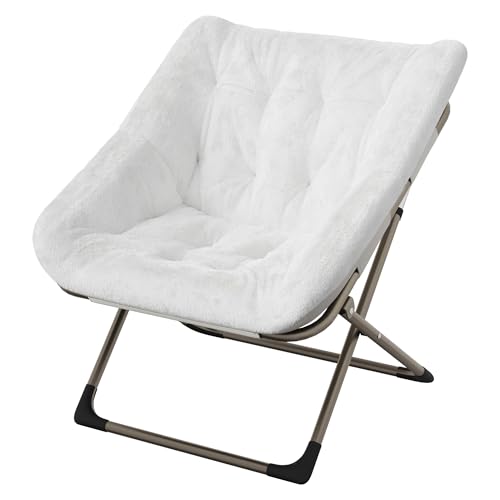 TUFSPRAX Fauteuil Lounge Pliant Adulte – Siège Rond Confortable en Fausse Fourrure Blanche – Cadre Acier léger, sans Montage – Idéal Chambre, Salon,...