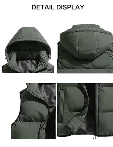 hathne Herren Winter Puffer Weste Ärmellos Warm Reißverschluss Leichte Jacke Weste mit abnehmbarer Kapuze, Grün (Army Green), Large