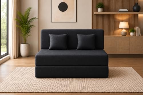 Image of Sofa Cum Bed with Jute Fabric, Convertible Two Seater Sofa Bed 4x6 Ft, Comfortable Cushioned Seating, Space Saving Design for Living Room, Bedroom & Guest Room - Black Color