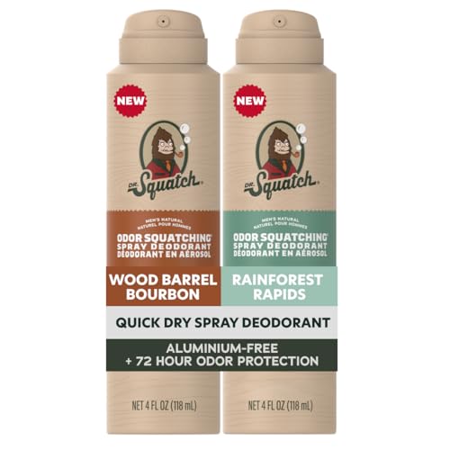 Dr. Squatch Spray Deodorant for Men - Quick Dry No Stains - Aluminum Free + Dermatologically Tested for All Skin Types - Wood Barrel Bourbon + Rainforest Rapids (4 oz 2-Pack)