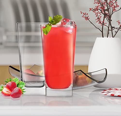 Highball Glasses [Set Of 4] + 4 Stainless Steel Straws, 16 Oz Lead-Free Crystal Clear Glass, Elegant Drinking Cups For Water, Wine, Beer, Cocktails And Mixed Drinks - Round Top, Square Bottom #TOP4